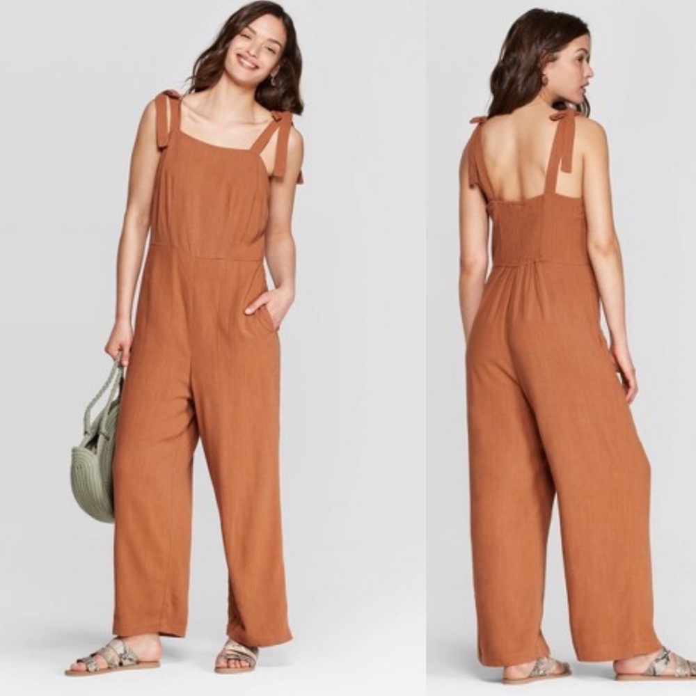 Sleeveless Tan Square Neck Wide Leg Jumpsuit